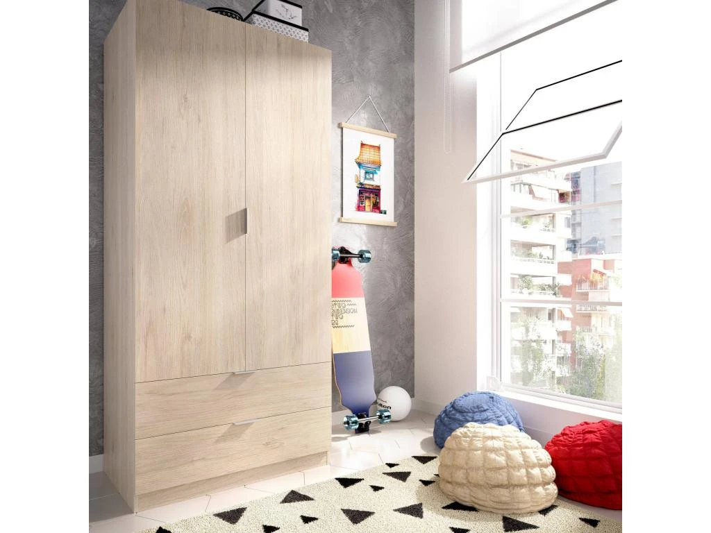 Armoire Pisanino, Portemanteau Pour Chambre, Armoire Avec 2 Portes Battantes Et 2 Tiroirs, 81x52h184 Cm, Chêne 2 Armoire Pisanino, Portemanteau Pour Chambre, Armoire Avec 2 Portes Battantes Et 2 Tiroirs, 81x52h184 Cm, Chêne – Image 2