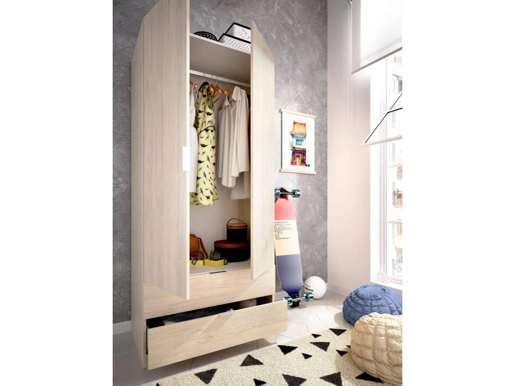 Armoire Pisanino, Portemanteau Pour Chambre, Armoire Avec 2 Portes Battantes Et 2 Tiroirs, 81x52h184 Cm, Chêne 4 Armoire Pisanino, Portemanteau Pour Chambre, Armoire Avec 2 Portes Battantes Et 2 Tiroirs, 81x52h184 Cm, Chêne – Image 4