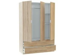Armoire Weymouth, Meubles De Chambre Avec 3 Portes Et 2 Tiroirs, Cintre, 135x52h200 Cm, Chêne