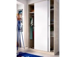 Armoire Denali, Portemanteau Pour Chambre, Armoire Avec 2 Portes Coulissantes, 120x50h204 Cm, Blanc Et Chêne -Fren Soldes Boutique armoire et dressing 22793733