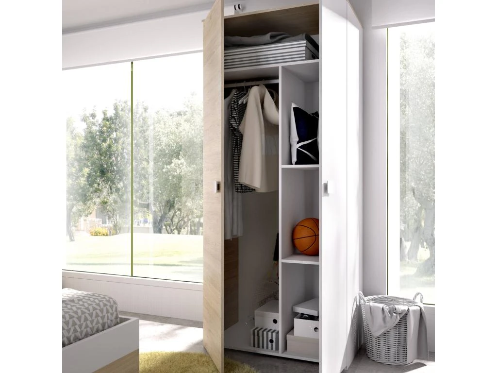 Armoire Jungfrau, Portemanteau Pour Chambre, Armoire Avec 2 Portes Battantes, 90x52h205 Cm, Chêne Et Blanc 4 Armoire Jungfrau, Portemanteau Pour Chambre, Armoire Avec 2 Portes Battantes, 90x52h205 Cm, Chêne Et Blanc – Image 4