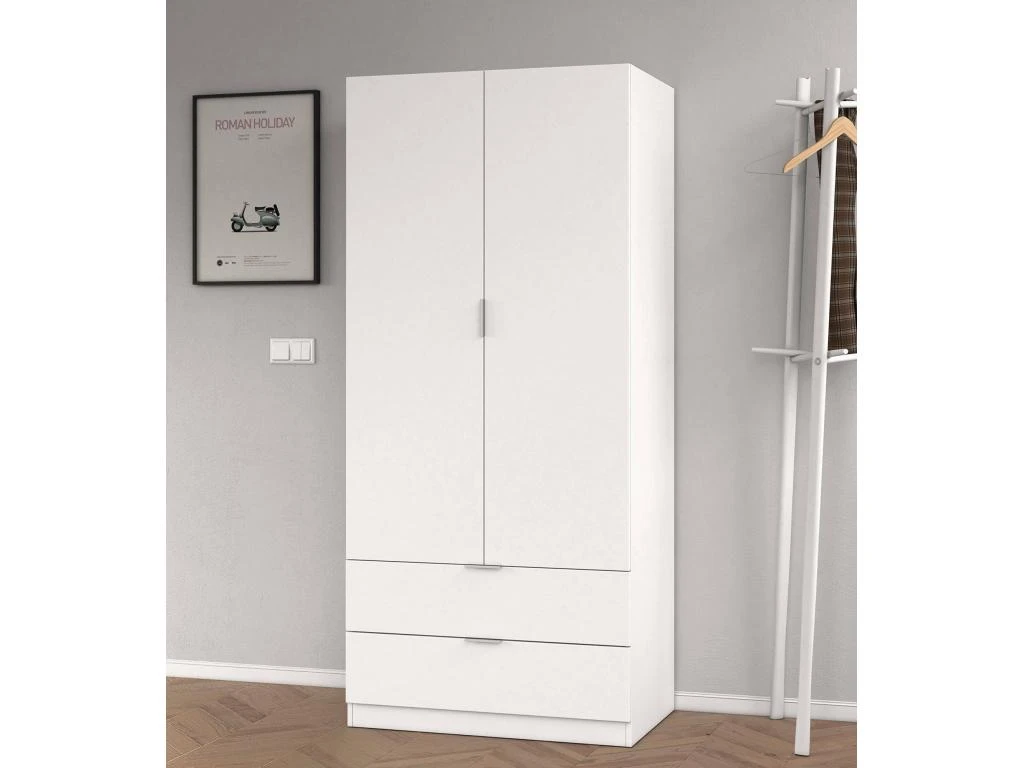 Armoire Pisanino, Portemanteau Pour Chambre, Armoire Avec 2 Portes Battantes Et 2 Tiroirs, 81x52h184 Cm, Blanc 2 Armoire Pisanino, Portemanteau Pour Chambre, Armoire Avec 2 Portes Battantes Et 2 Tiroirs, 81x52h184 Cm, Blanc – Image 2
