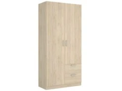 Armoire Velino, Portemanteau Pour Chambre, Armoire Avec 2 Portes Battantes Et 2 Tiroirs, 100x52h215 Cm, Chêne