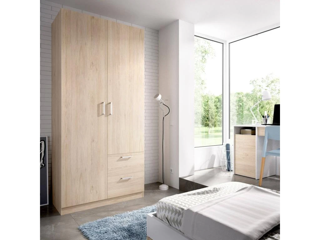 Armoire Velino, Portemanteau Pour Chambre, Armoire Avec 2 Portes Battantes Et 2 Tiroirs, 100x52h215 Cm, Chêne 2 Armoire Velino, Portemanteau Pour Chambre, Armoire Avec 2 Portes Battantes Et 2 Tiroirs, 100x52h215 Cm, Chêne – Image 2