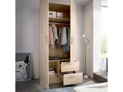 Armoire Velino, Portemanteau Pour Chambre, Armoire Avec 2 Portes Battantes Et 2 Tiroirs, 100x52h215 Cm, Chêne 8 Armoire Velino, Portemanteau Pour Chambre, Armoire Avec 2 Portes Battantes Et 2 Tiroirs, 100x52h215 Cm, Chêne -Fren Soldes Boutique armoire et dressing 22794035