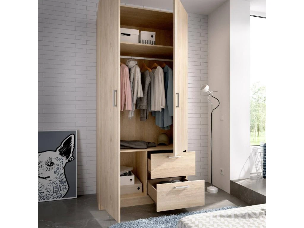 Armoire Velino, Portemanteau Pour Chambre, Armoire Avec 2 Portes Battantes Et 2 Tiroirs, 100x52h215 Cm, Chêne 4 Armoire Velino, Portemanteau Pour Chambre, Armoire Avec 2 Portes Battantes Et 2 Tiroirs, 100x52h215 Cm, Chêne – Image 4