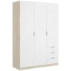 Armoire Cimone, Portemanteau Pour Chambre, Armoire Avec 3 Portes Battantes Et 3 Tiroirs, 121x52h184 Cm, Blanc Et Chêne