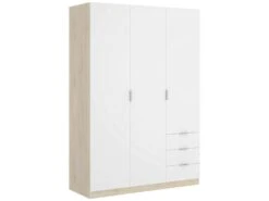 Armoire Cimone, Portemanteau Pour Chambre, Armoire Avec 3 Portes Battantes Et 3 Tiroirs, 121x52h184 Cm, Blanc Et ChĂȘne