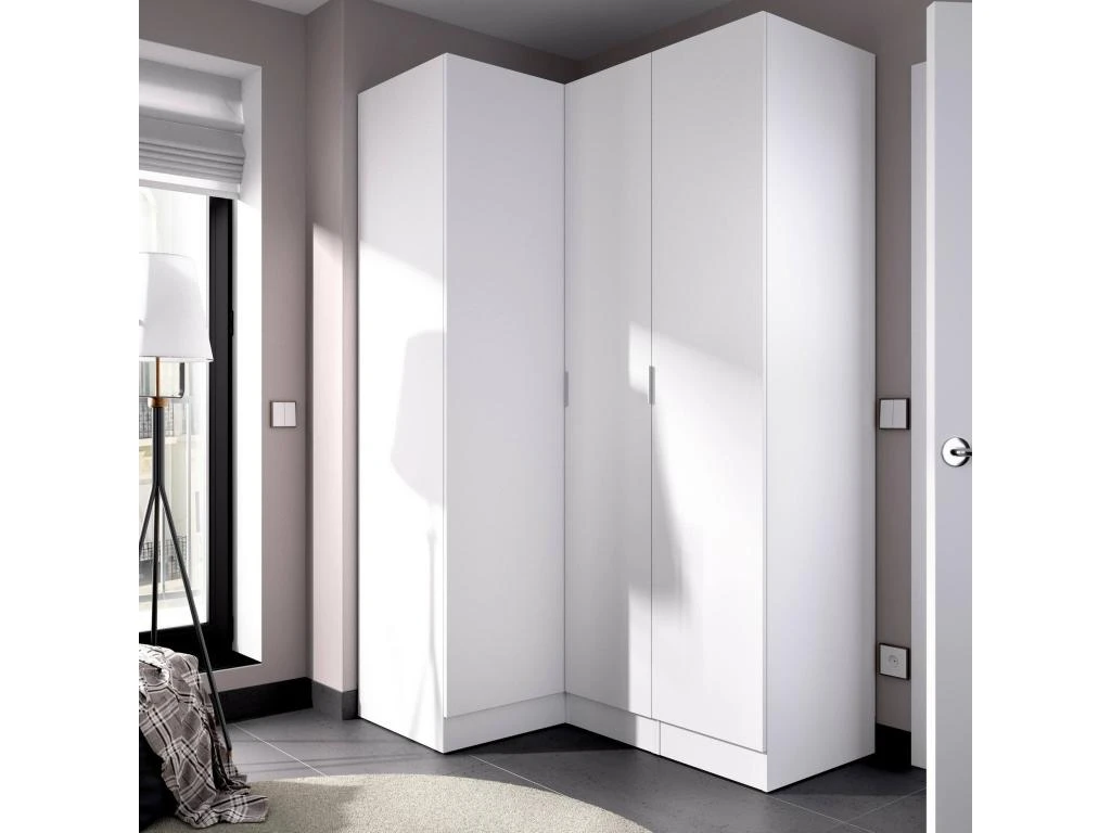 Armoire Dhuar, Meuble D'angle Pour Chambre, Armoire D'angle Avec 3 Portes Battantes, 133x91h184 Cm, Blanc 2 Armoire Dhuar, Meuble D'angle Pour Chambre, Armoire D'angle Avec 3 Portes Battantes, 133x91h184 Cm, Blanc – Image 2