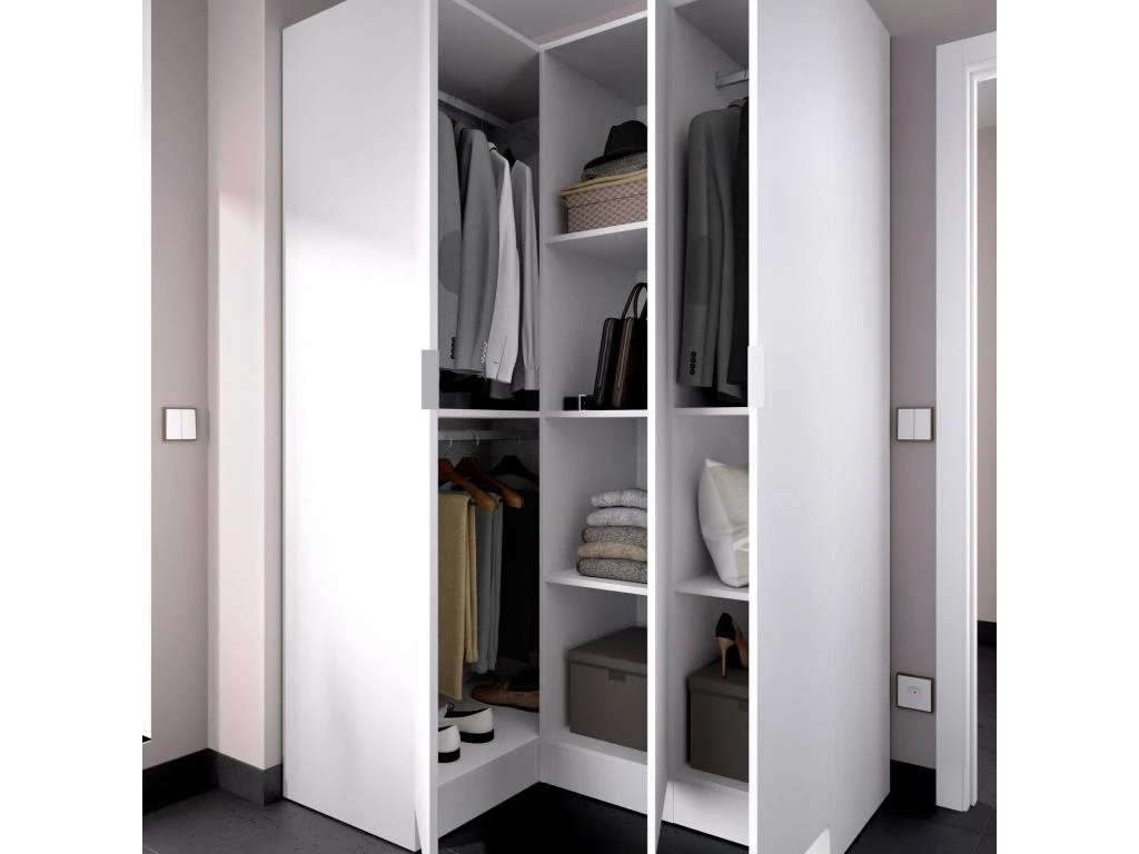 Armoire Dhuar, Meuble D'angle Pour Chambre, Armoire D'angle Avec 3 Portes Battantes, 133x91h184 Cm, Blanc 4 Armoire Dhuar, Meuble D'angle Pour Chambre, Armoire D'angle Avec 3 Portes Battantes, 133x91h184 Cm, Blanc – Image 4