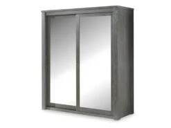 Armoire 2 Portes Coulissantes Miroir/Bois Massif Gris - GABRIEL