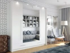 Armoire 2 Portes Et 2 Tiroirs - Avec Miroir Et LEDs - L210 Cm - Blanc - SINALIA