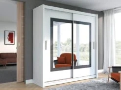 Armoire 2 Portes Coulissantes - Avec Miroir - L203 Cm - Coloris : Blanc - AUTLAN