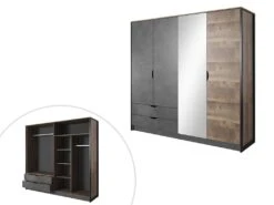Armoire 4 Portes Et 2 Tiroirs - Avec Miroir - L220 Cm - Coloris : Naturel Et Anthracite - LAONILE -Fren Soldes Boutique armoire et dressing 6817823