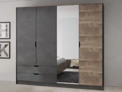 Armoire 4 Portes Et 2 Tiroirs - Avec Miroir - L220 Cm - Coloris : Naturel Et Anthracite - LAONILE