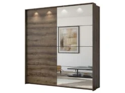 Armoire 230cm Avec Miroirs, Portes Coulissantes. LED Et Pack étagères Inclus. Collection KEITH. Coloris Chêne Foncé
