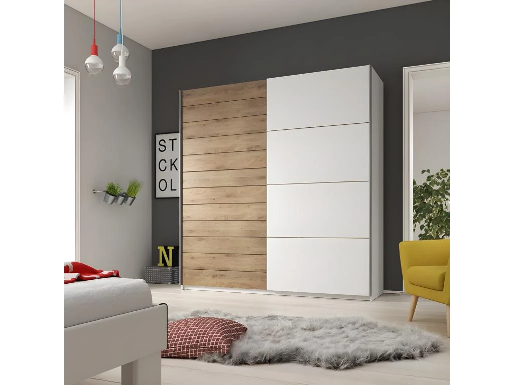 Armoire 2 Portes Coulissantes 200cm Couleur Chêne Et Blanc. Collection FLOYD 2 Armoire 2 Portes Coulissantes 200cm Couleur Chêne Et Blanc. Collection FLOYD – Image 2