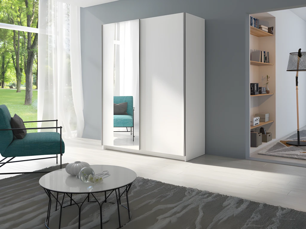 Armoire, Garde Robe GOZU 150 Cm Deux Portes Coulissantes. Dressing Complet Avec Miroir, Penderie Et étagères. Coloris Blanc 2 Armoire, Garde Robe GOZU 150 Cm Deux Portes Coulissantes. Dressing Complet Avec Miroir, Penderie Et étagères. Coloris Blanc – Image 2