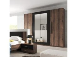 Armoire 4 Portes Avec Miroirs Couleur Chêne Foncé Et Noir - IRINA