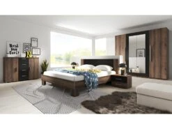 Armoire 4 Portes Avec Miroirs Couleur Chêne Foncé Et Noir - IRINA -Fren Soldes Boutique armoire et dressing 9576659