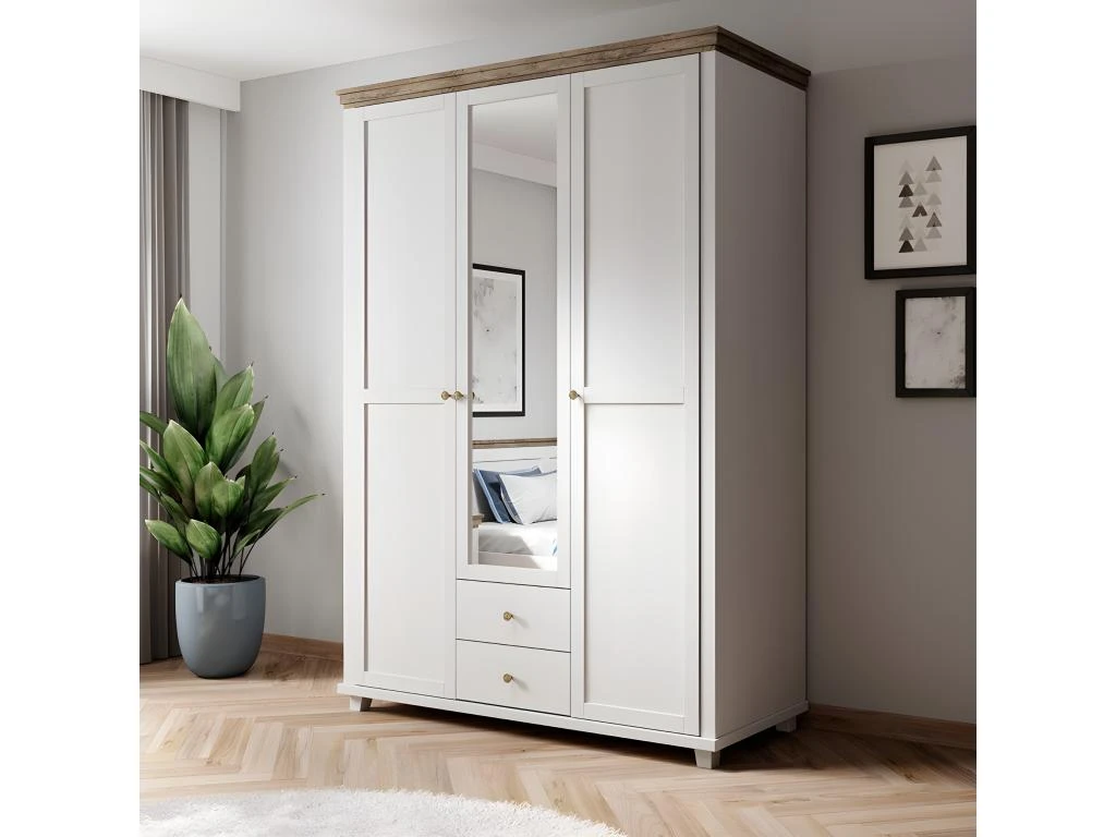 Armoire 150x220 Avec 3 Portes Et 2 Tiroirs. Coloris Blanc Et Chêne. Collection ASSIA 2 Armoire 150x220 Avec 3 Portes Et 2 Tiroirs. Coloris Blanc Et Chêne. Collection ASSIA – Image 2