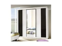 Armoire, Garde Robe DUBLIN Trois Portes Coulissantes. Coloris Blanc Mat Et Noir Brillant. Meuble Pour Chambre à Coucher.