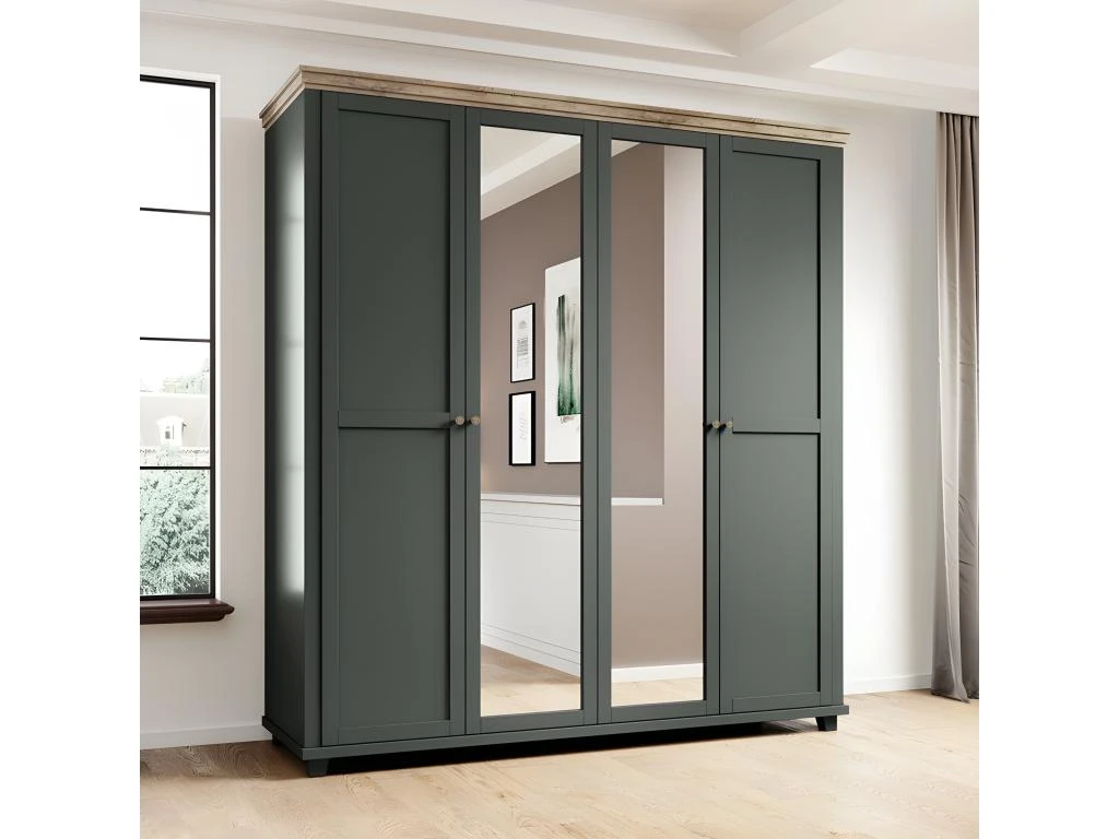 Armoire 200x220 Avec 4 Portes. Coloris Vert Kaki Et Chêne. Collection ASSIA 2 Armoire 200x220 Avec 4 Portes. Coloris Vert Kaki Et Chêne. Collection ASSIA – Image 2