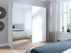 Armoire, Garde Robe ARSALA 200 Cm Deux Portes Coulissantes. Dressing Complet Avec Miroir, Penderie Et étagères. Coloris Blanc