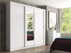 Armoire Avec Miroir ROXANE - 3 Portes Coulissantes - L. 220 Cm - Blanc