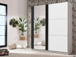Armoire SUTERA - 2 Portes Coulissantes - Avec Miroir - L.217 Cm - Blanc Et Noir