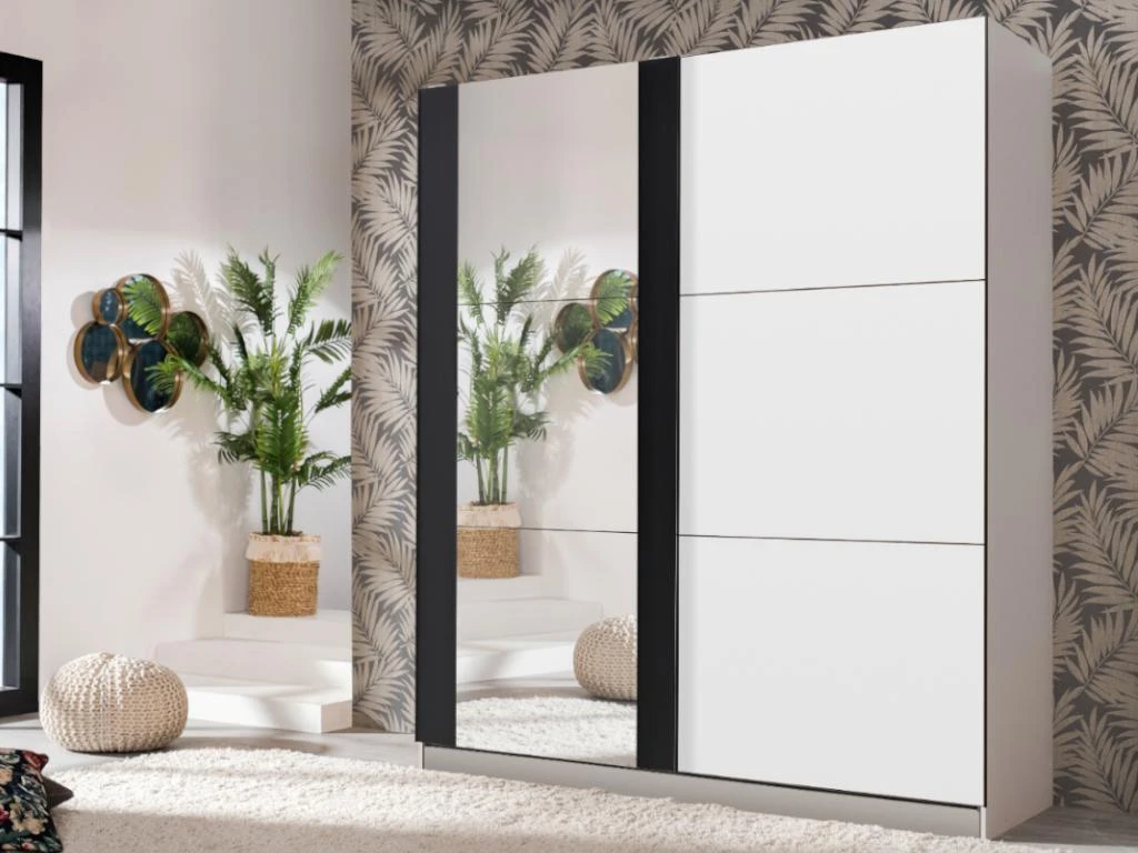 Armoire SUTERA - 2 Portes Coulissantes - Avec Miroir - L.217 Cm - Blanc Et Noir 2 Armoire SUTERA - 2 Portes Coulissantes - Avec Miroir - L.217 Cm - Blanc Et Noir – Image 2