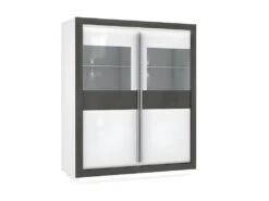 Armoire Vitrine 2 Portes Bois Blanc Et Gris Lumière LED - CALVI