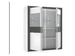 Armoire Vitrine 2 Portes Bois Blanc Et Gris Lumière LED - CALVI -Fren Soldes Boutique bibliotheque vitrine et etagere 10004935