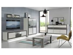 Armoire Vitrine 2 Portes Bois Blanc Et Gris Lumière LED - CALVI -Fren Soldes Boutique bibliotheque vitrine et etagere 10004937