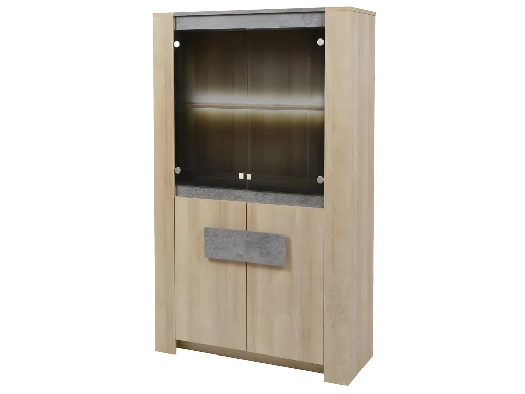FANNY - Vitrine 2 Portes Aspect Bois Et Pierre + Eclairage Led 1 FANNY - Vitrine 2 Portes Aspect Bois Et Pierre + Eclairage Led