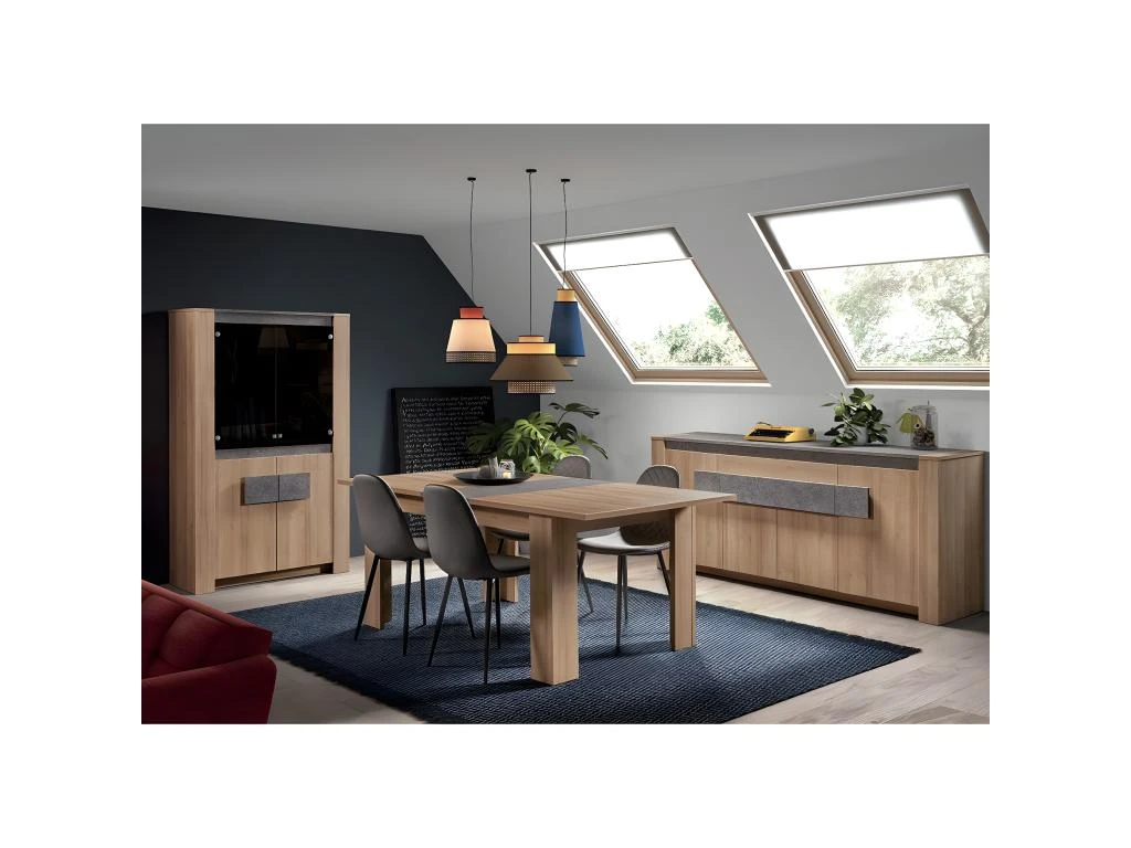 FANNY - Vitrine 2 Portes Aspect Bois Et Pierre + Eclairage Led 2 FANNY - Vitrine 2 Portes Aspect Bois Et Pierre + Eclairage Led – Image 2