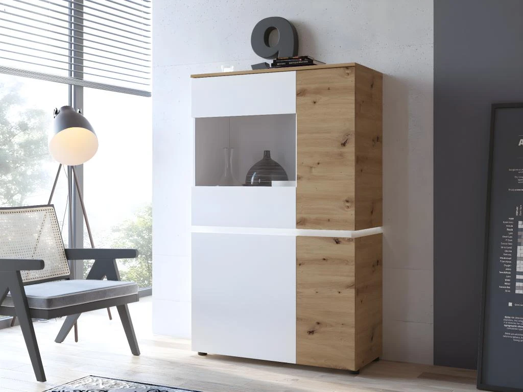 Vitrine 4 Portes Avec LEDs - Naturel Et Blanc - DOLONA 1 Vitrine 4 Portes Avec LEDs - Naturel Et Blanc - DOLONA