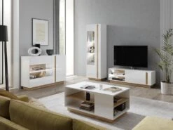 Vitrine MURARI - 1 Porte - Avec LEDs - Blanc Brillant Et Chêne -Fren Soldes Boutique bibliotheque vitrine et etagere 12524435