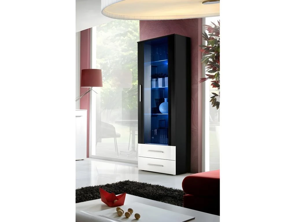 Vitrine NEO I Design, Coloris Noir Brillant, Tiroirs Blancs Brillants + LED. 1 Vitrine NEO I Design, Coloris Noir Brillant, Tiroirs Blancs Brillants + LED.