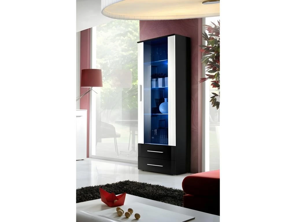 Vitrine NEO I Design, Coloris Noir Et Blanc Brillant, Tiroirs Noirs Brillants + LED. 1 Vitrine NEO I Design, Coloris Noir Et Blanc Brillant, Tiroirs Noirs Brillants + LED.