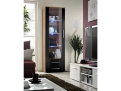 Vitrine NEO I Design, Coloris Prunier Et Noir Brillant, Tiroirs Noirs Brillants + LED.