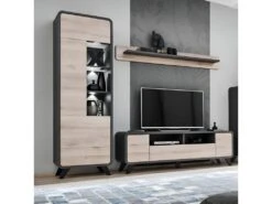 Vitrine Haute Avec LED Collection OASIS. Coloris Gris Et Bois. Meuble Design Idéal Pour Votre Salle à Manger -Fren Soldes Boutique bibliotheque vitrine et etagere 8927403