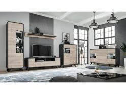 Vitrine Haute Avec LED Collection OASIS. Coloris Gris Et Bois. Meuble Design Idéal Pour Votre Salle à Manger -Fren Soldes Boutique bibliotheque vitrine et etagere 8927405