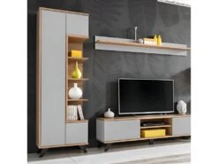 Vitrine Haute Collection CORDOBA. Coloris Gris Perle Et Bois. Meuble Design. -Fren Soldes Boutique bibliotheque vitrine et etagere 8927515