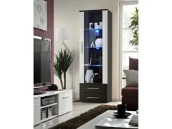 Vitrine NEO I Design, Coloris Wengé Et Blanc Brillant, Tiroirs Noirs Brillants + LED. Meuble Moderne Et Tendance.