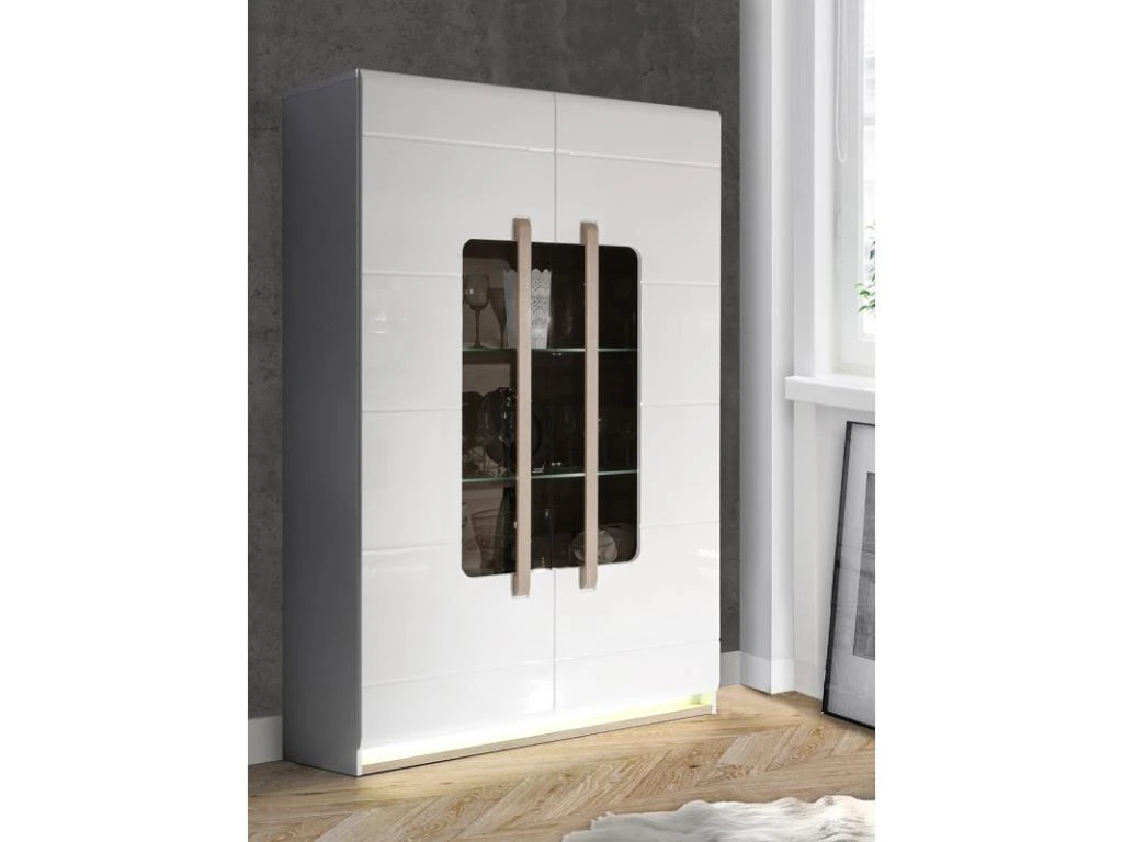 Vitrine 2 Portes Laquée Blanche Et Décor Chêne Naturel - ALEXIANE 2 Vitrine 2 Portes Laquée Blanche Et Décor Chêne Naturel - ALEXIANE – Image 2