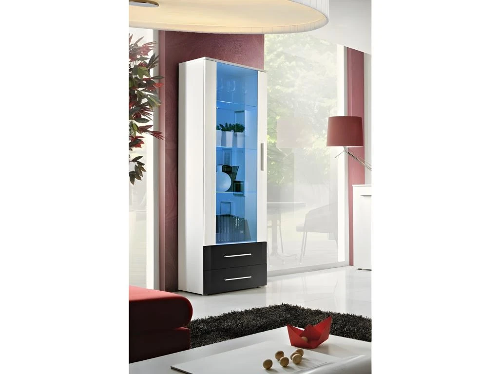 Vitrine NEO I Design, Coloris Blanc Et Blanc Brillant, Tiroirs Noirs Brillants + LED. 1 Vitrine NEO I Design, Coloris Blanc Et Blanc Brillant, Tiroirs Noirs Brillants + LED.