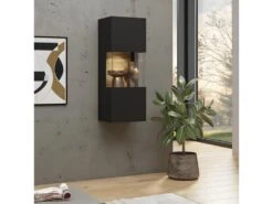 Petite Vitrine Suspendue 1 Porte Partiellement VitrĂ©e Collection EVA. Couleur Noir Et ChĂȘne.