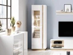 Vitrine MURARI - 1 Porte - Avec LEDs - Blanc Brillant Et Chêne