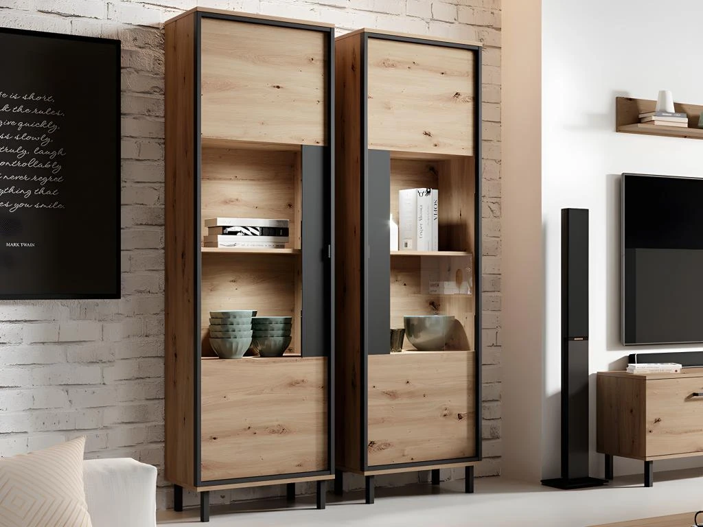 Vitrine BAYORI - 1 Porte - Avec LEDs - Chêne Et Anthracite 3 Vitrine BAYORI - 1 Porte - Avec LEDs - Chêne Et Anthracite – Image 3